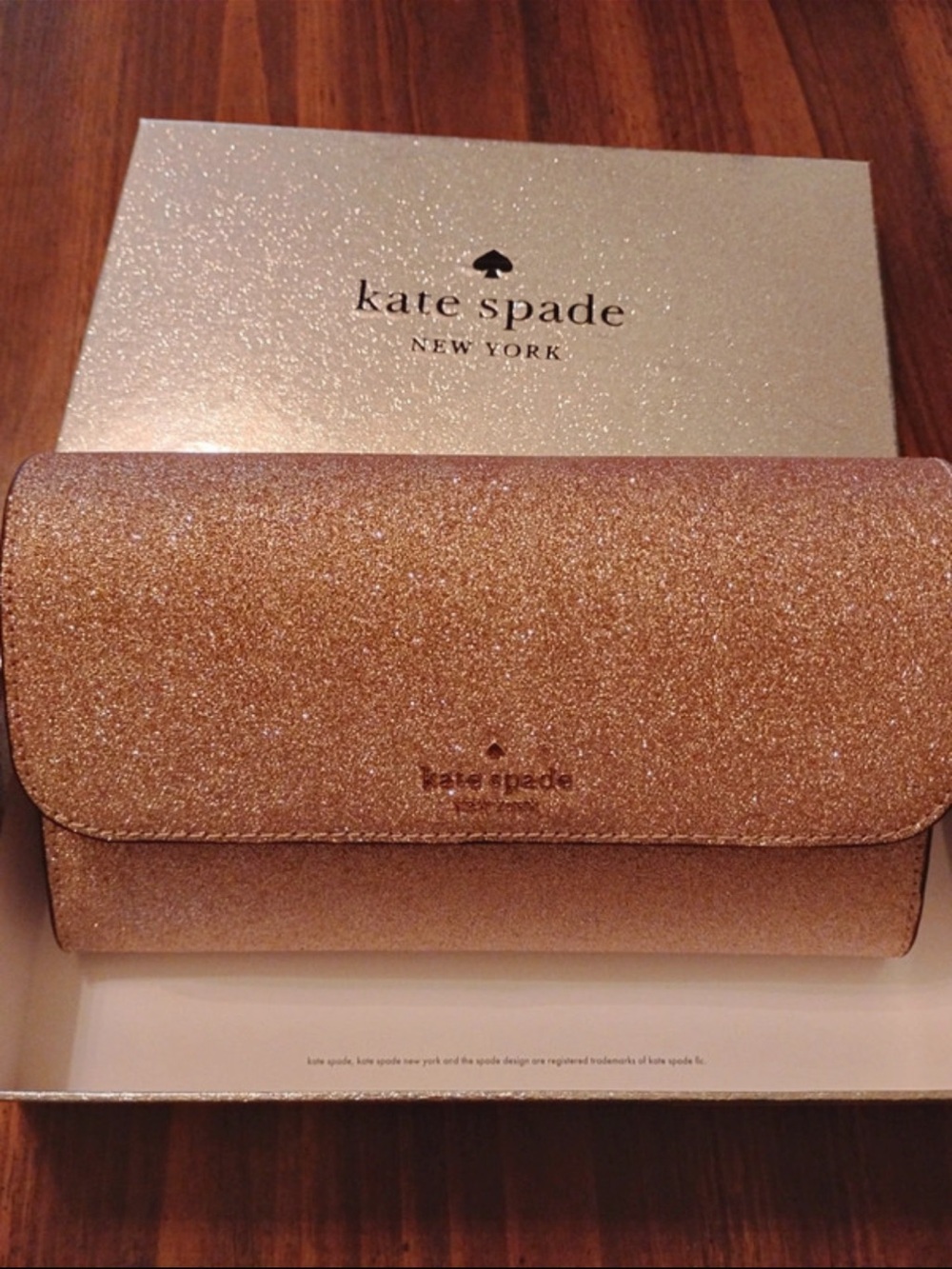NWOT Kate Spade Rose Gold Glitter Medium Flap Phone Wristlet